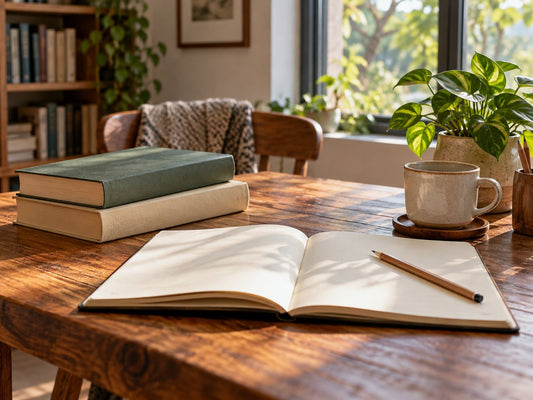 Plain books and a notebook on a reading desk, generated illustration