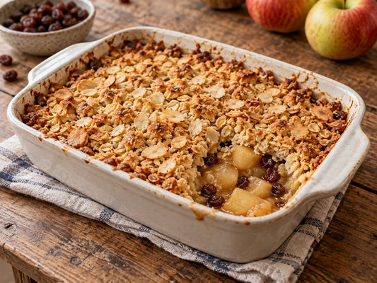 Illustrative apple and sultana crumble with oats and flaked almonds.
