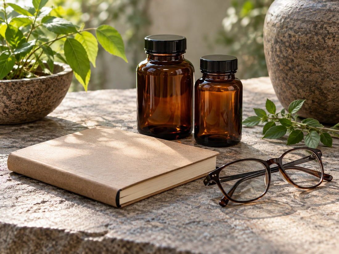 Illustrative unlabelled amber bottles beside a notebook and glasses.