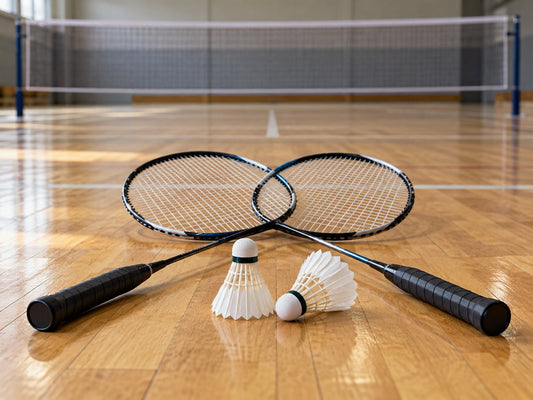 Illustrative badminton rackets and shuttlecocks beside a net.