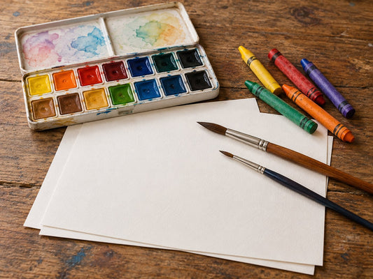Illustrative unbranded watercolours, crayons, brushes and paper.