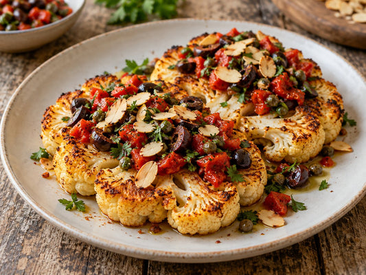 Roast cauliflower with pepper, olive and caper salsa, generated illustration
