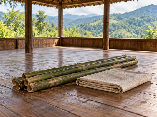 Bamboo poles and folded cloth in an empty community space, generated illustration
