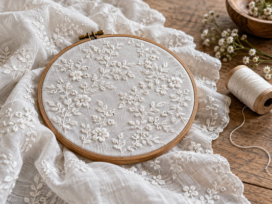 White floral embroidery on cotton with a hoop and thread, generated illustration