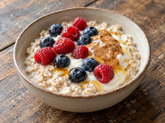 Cinnamon overnight oats with yoghurt, berries and almond butter, generated illustration