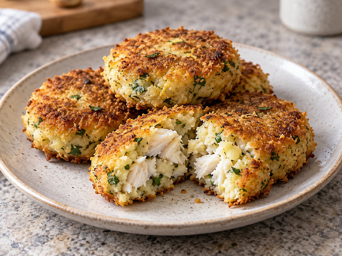 Illustrative golden cod and potato fish cakes with a flaky interior.