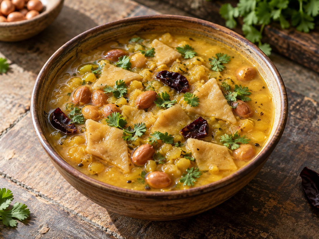 Toor dal with wheat dumplings, peanuts and kokum, generated illustration