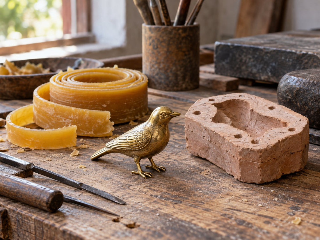 Wax coils, clay mould and a small metal bird on a workbench, generated illustration