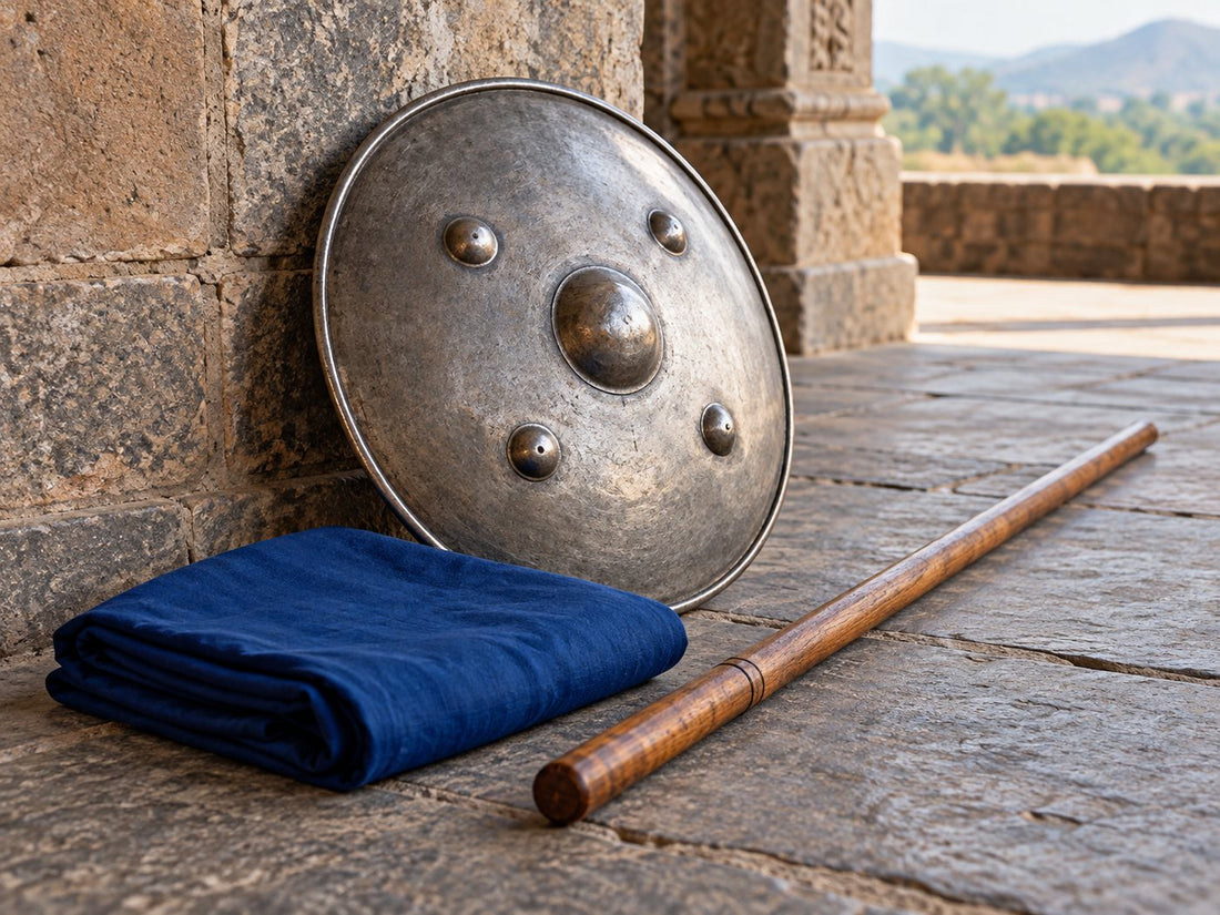Folded blue cloth with a practice shield and wooden staff, generated editorial illustration