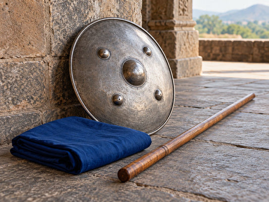 Folded blue cloth with a practice shield and wooden staff, generated editorial illustration