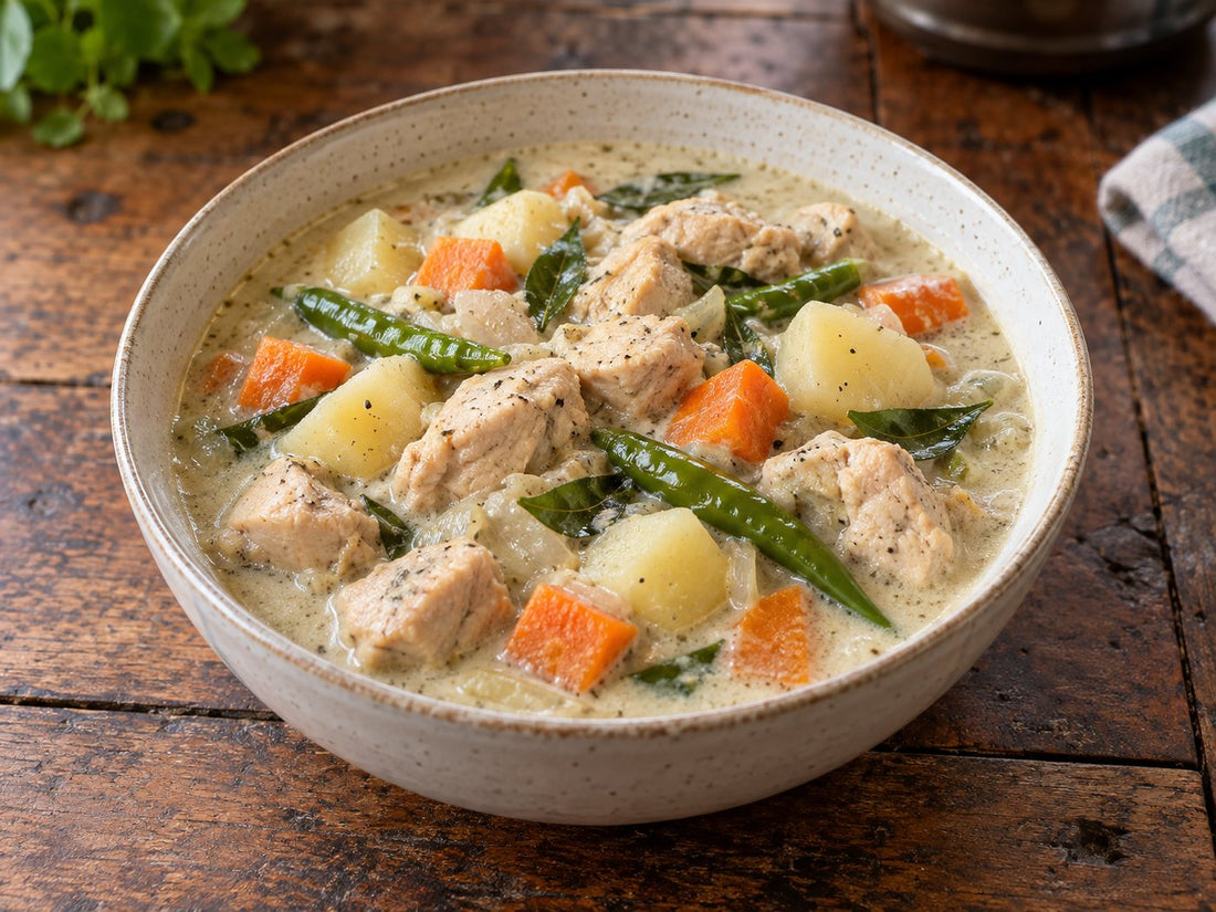 Illustrative coconut-milk chicken stew with potato and carrot.