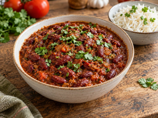 Illustrative kidney bean curry with tomato sauce and coriander.