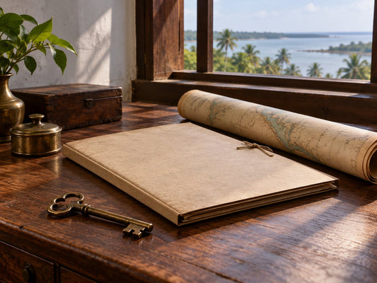 Illustrative archival still life with a brass key, folder and coastal chart.