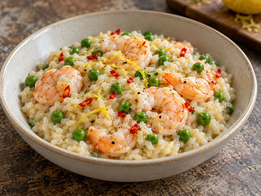 Lemon risotto with prawns, peas and red chilli, generated illustration
