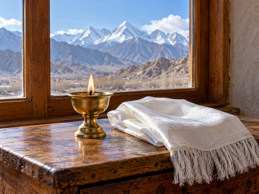 Illustrative butter lamp and white scarf beside a mountain window.