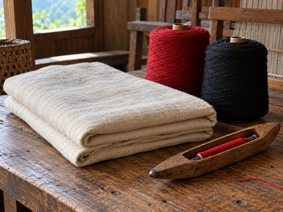 Illustrative woven cotton, yarn spools and a weaving shuttle.