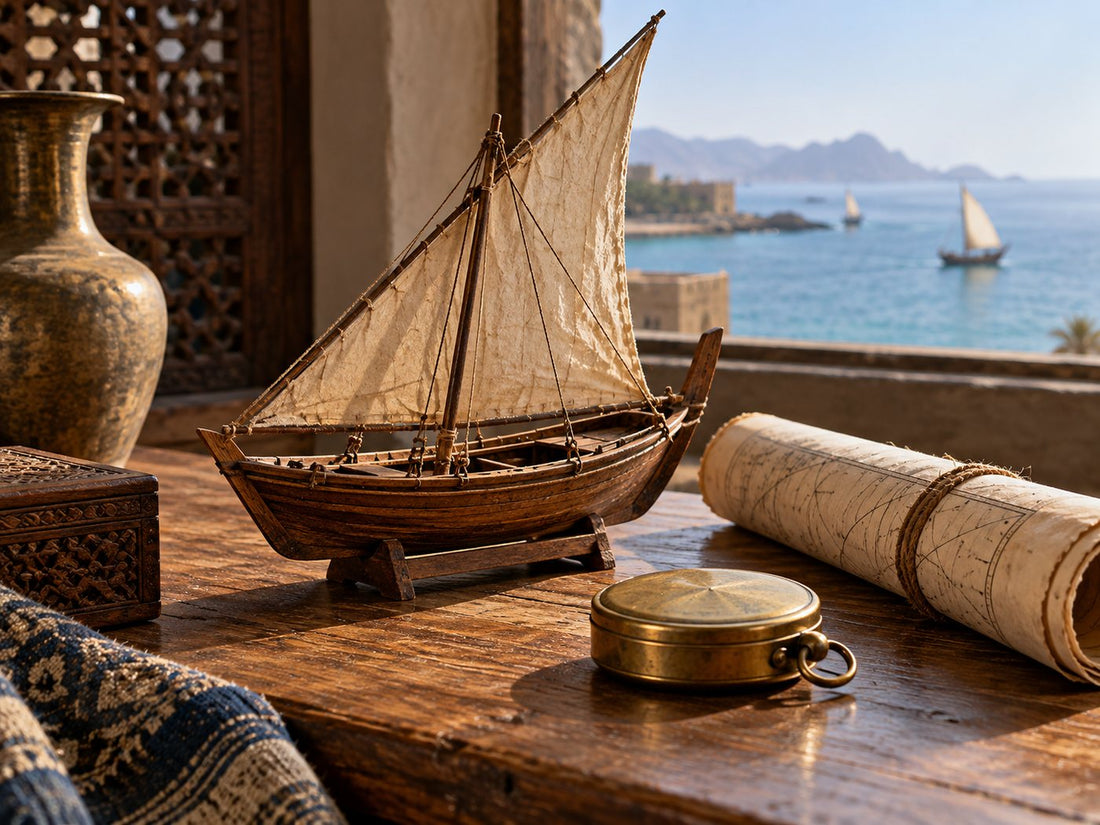 Illustrative wooden dhow model, chart and compass on a desk.