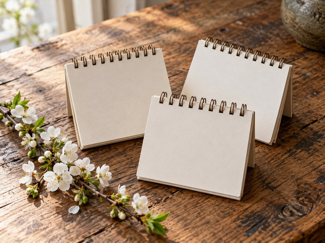 Three blank calendar booklets and a spring twig, generated illustration