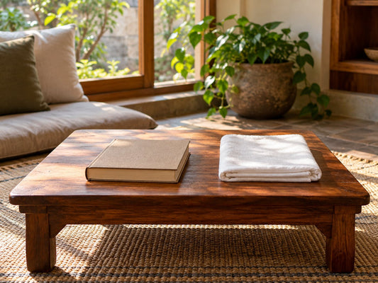 An unmarked book and folded white cloth in a quiet reading space, generated illustration