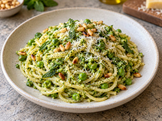 Illustrative spaghetti with green pea and mint pesto.