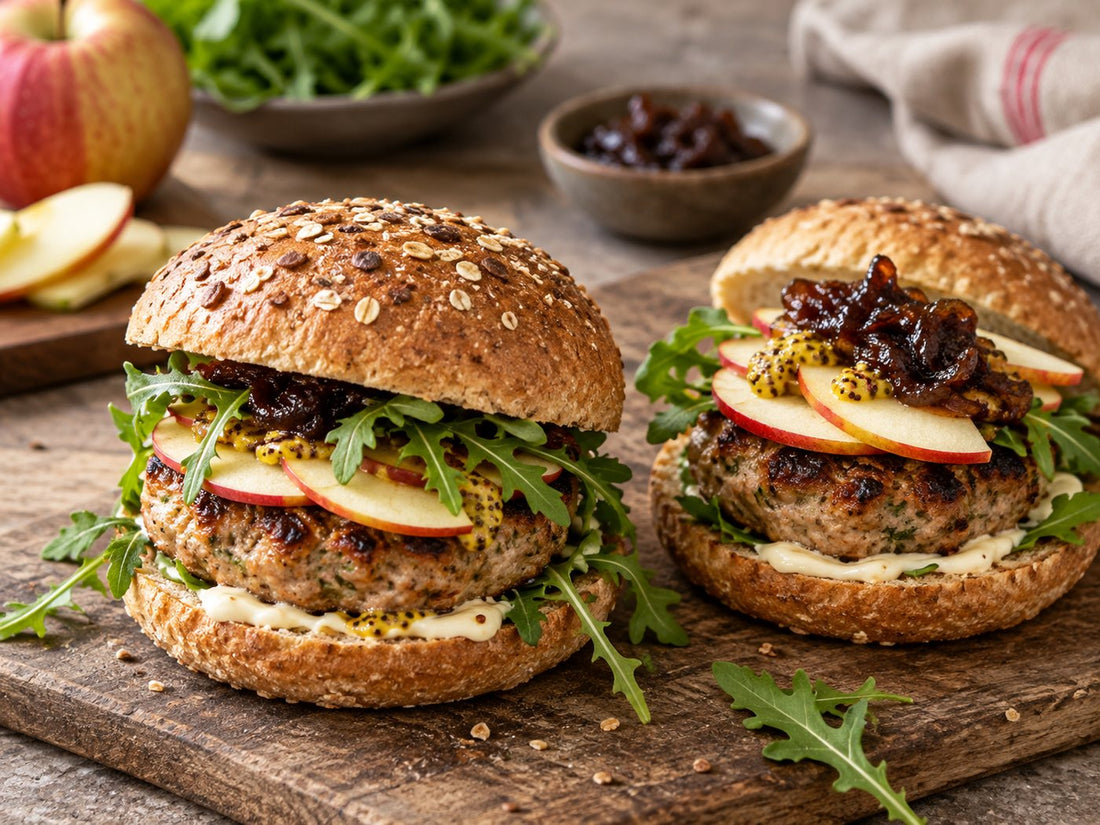 Pork burgers with fresh apple slices and rocket, generated illustration