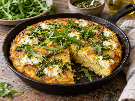 Potato frittata with goat cheese, pesto and rocket, generated illustration