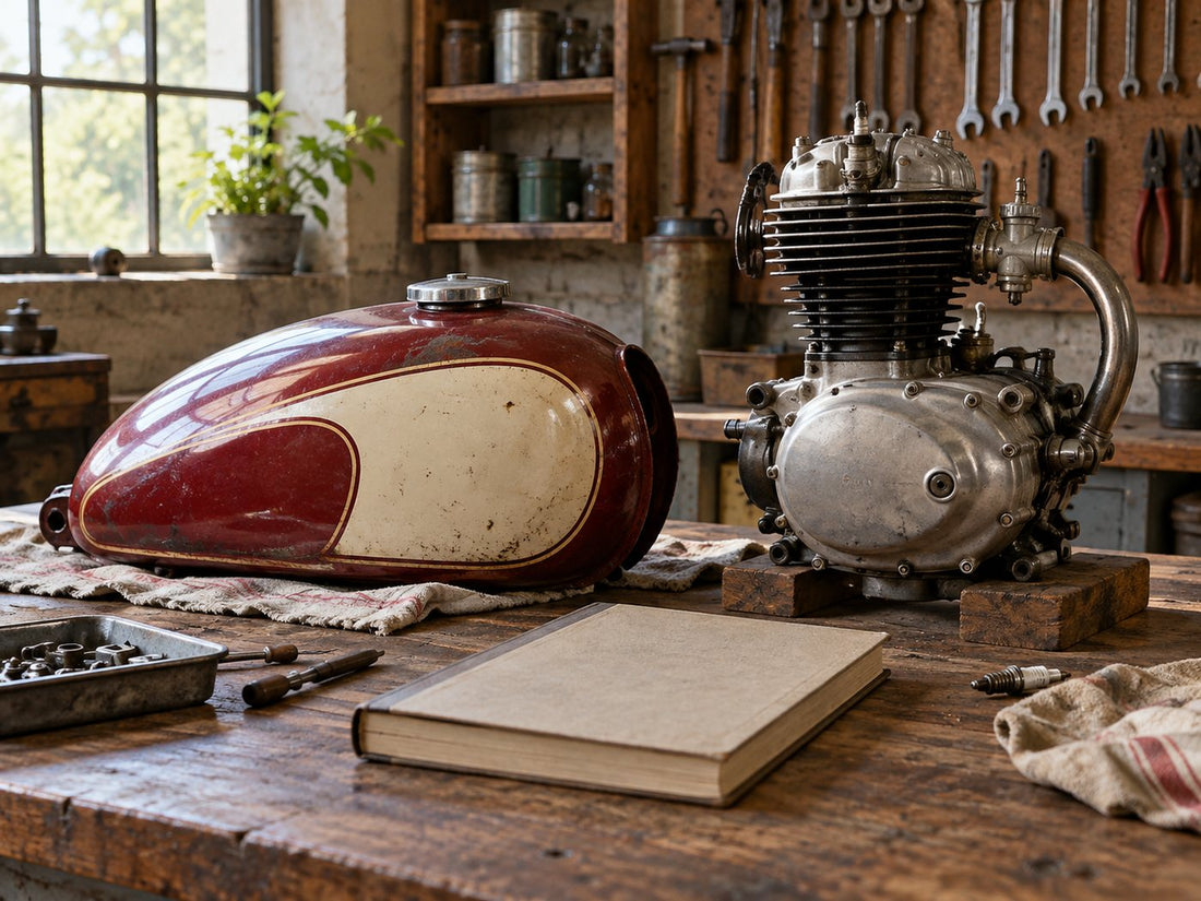 Unbranded motorcycle parts and a manual on a workbench, generated illustration