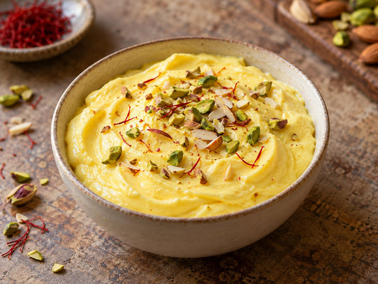 Saffron and cardamom shrikhand with chopped nuts, generated illustration