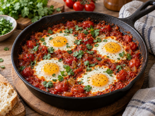 Illustrative shakshuka with four eggs in thick tomato sauce.