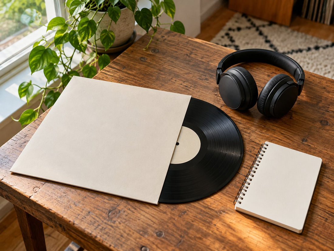 Headphones, an unmarked record sleeve and listening notebook, generated illustration