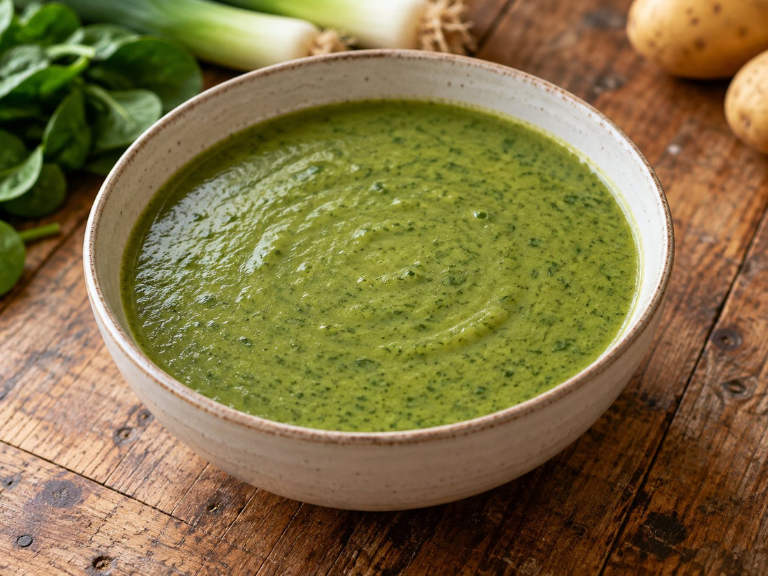 Illustrative smooth green spinach, leek and potato soup.