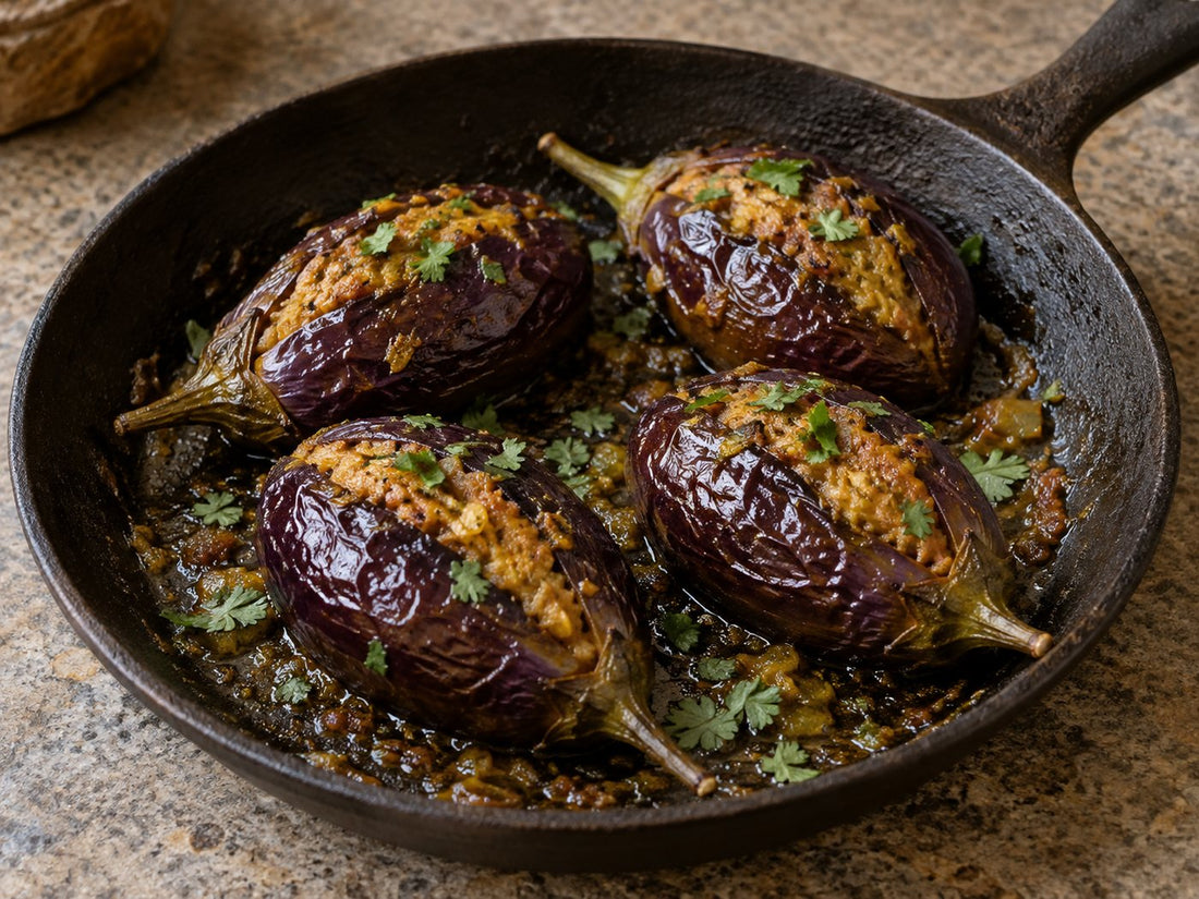 Stuffed small aubergines with gram flour and yoghurt, generated illustration