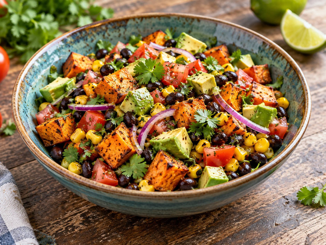 Sweet potato salad with black beans, avocado and sweetcorn, generated illustration