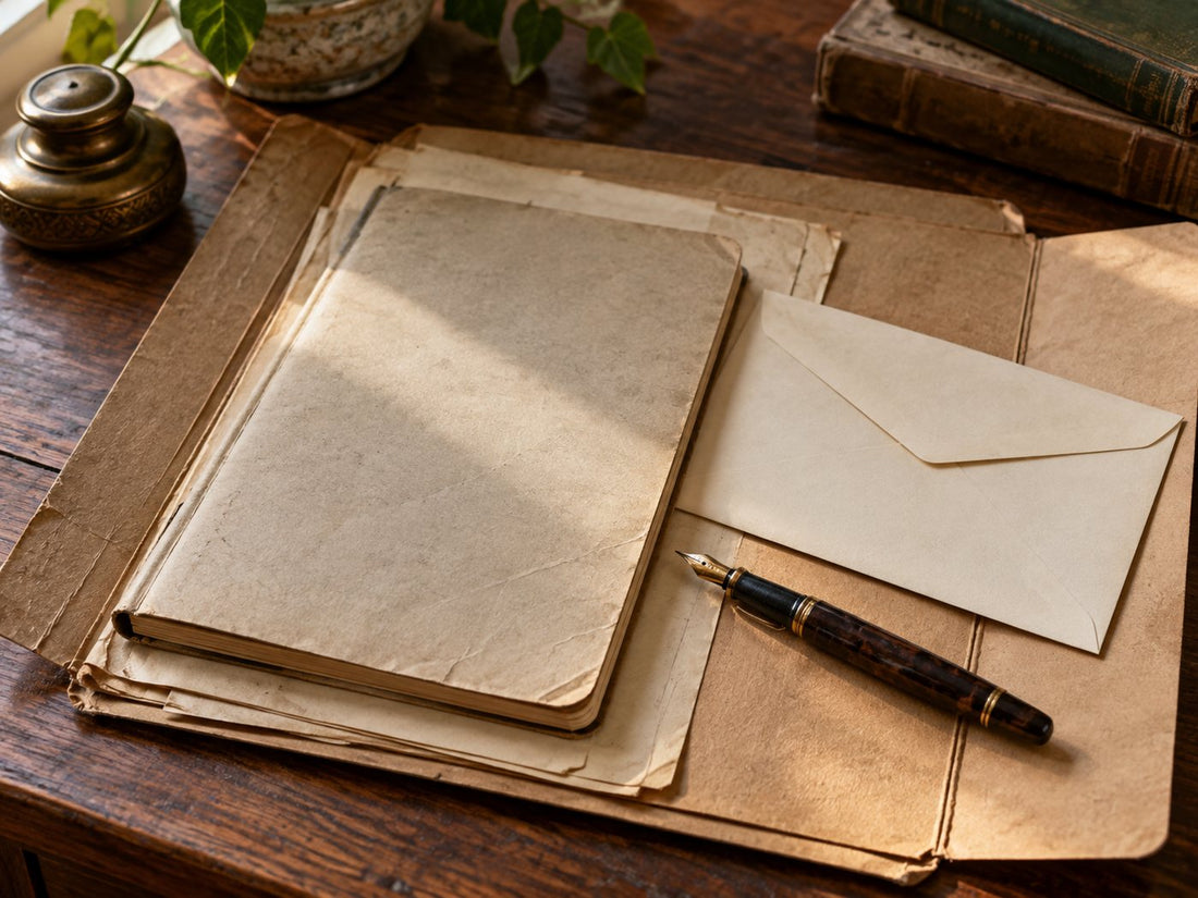 Exercise book, envelope and fountain pen in an archive folder, generated illustration