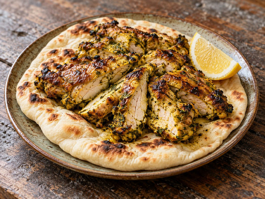 Tandoori-spiced roast chicken slices on naan with lemon, generated illustration