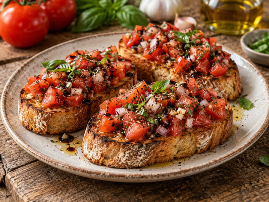 Tomato and basil bruschetta on toasted crusty bread, generated illustration