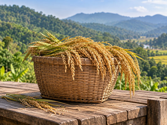 Illustrative rice harvest in a woven basket, accompanying a Wangala article.