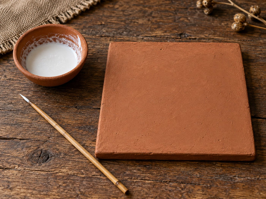Illustrative rice-paste pigment, painting stick and blank clay panel.