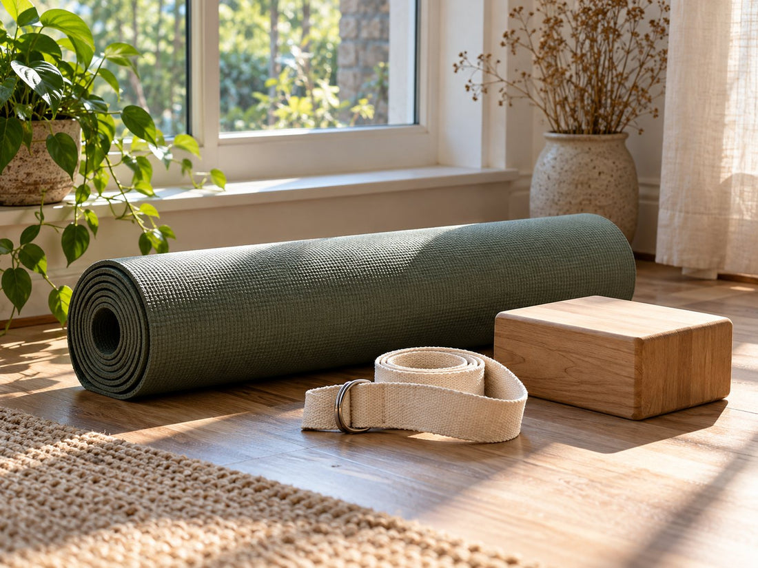 Illustrative yoga mat, cotton strap and wooden block.