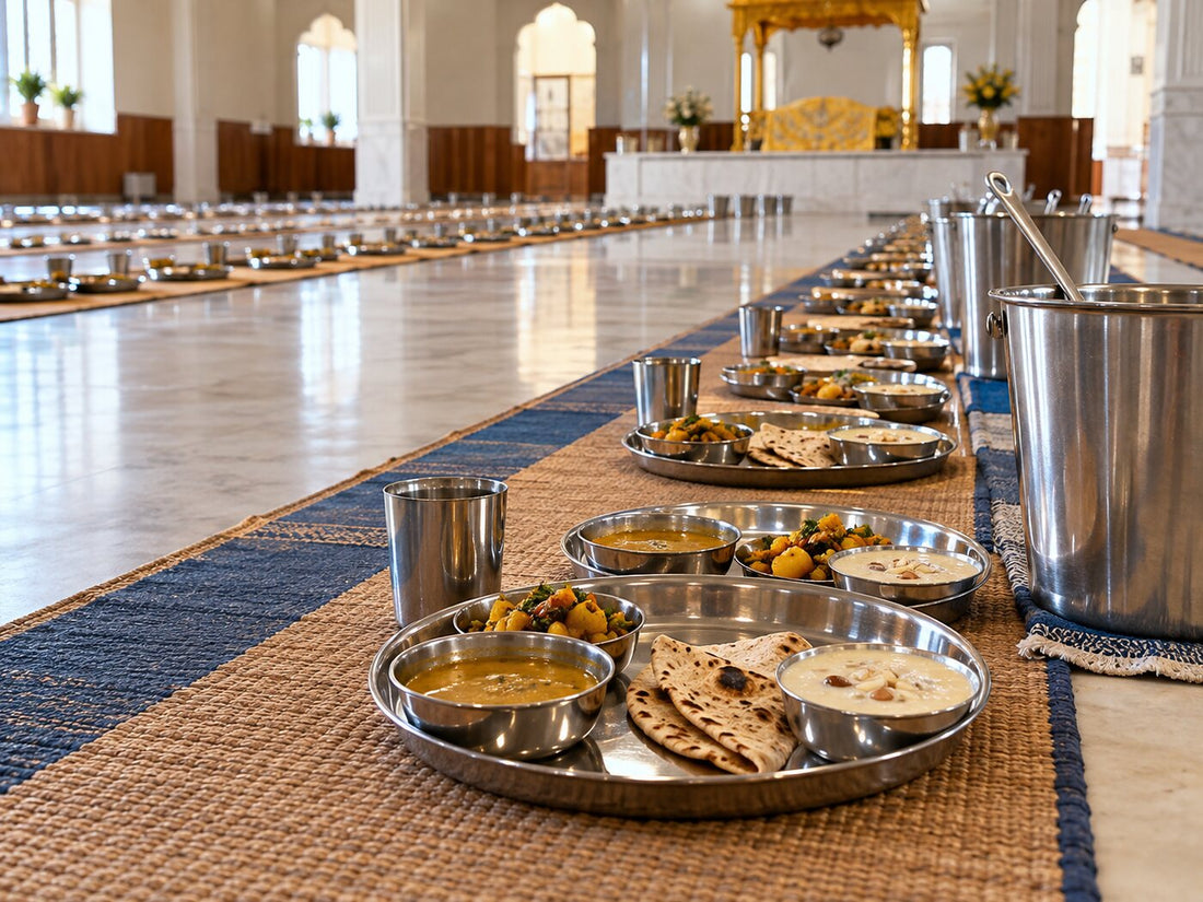 Steel plates of dal, roti and kheer laid out on long mats in a gurdwara langar hall