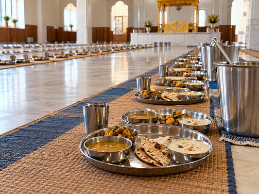 Steel plates of dal, roti and kheer laid out on long mats in a gurdwara langar hall