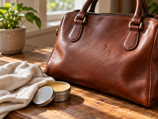 A brown leather bag with a soft cloth and a tin of leather balm on a wooden table