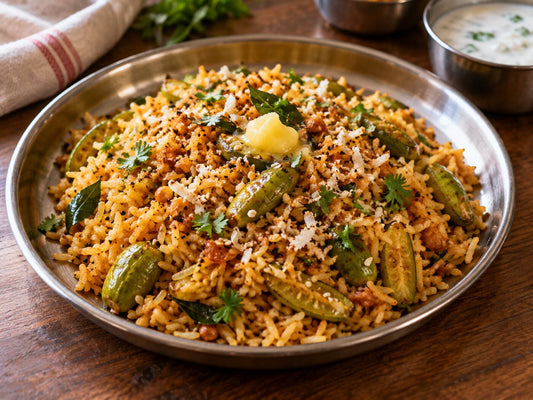Spiced masale bhaat rice with tindora, toasted coconut and sesame