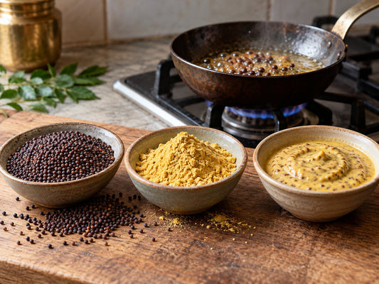Bowls of black mustard seeds, mustard powder and prepared mustard beside seeds sizzling in oil