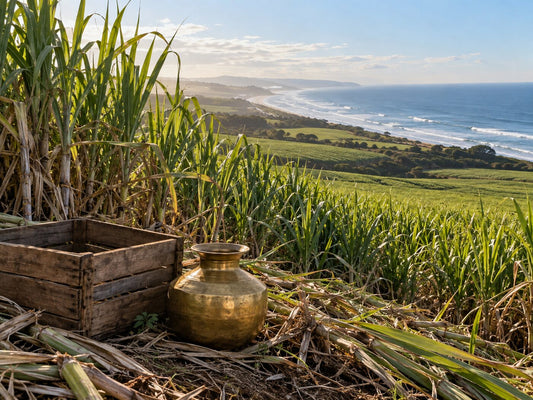 A sugarcane field running down to the Indian Ocean with an old crate and brass pot at its edge