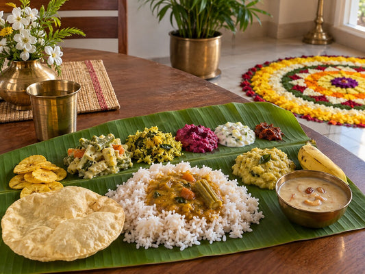 A small Onam sadya on a banana leaf with rice, sambar, avial and payasam, a flower pookalam nearby