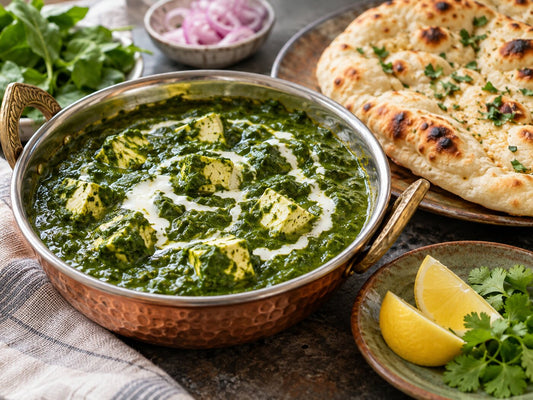 Green palak paneer with paneer cubes and a lemon wedge, naan beside it
