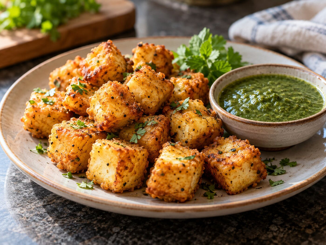 Crisp pepper paneer bites with green chutney