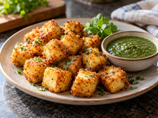 Crisp pepper paneer bites with green chutney