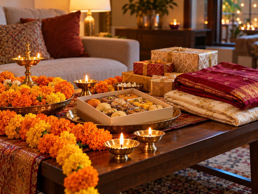 A table being prepared with marigold garlands, brass diyas, sweets and wrapped gifts